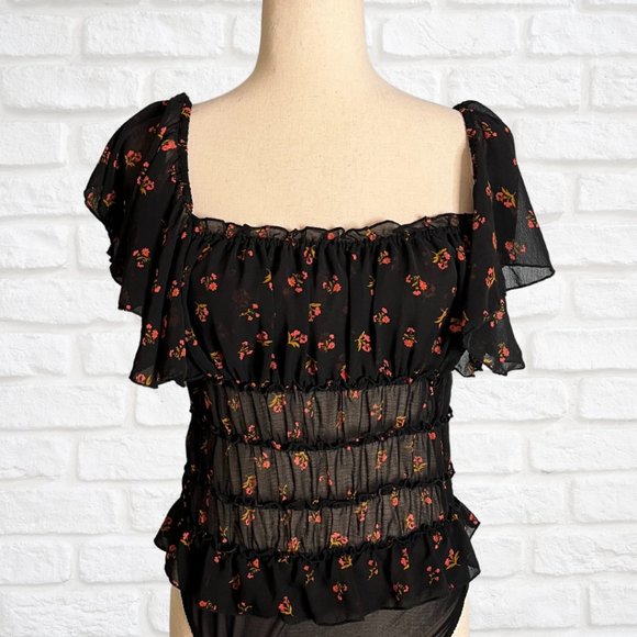 Free People Tops - Intimately Free People Black Sheer Floral Ruffle Square Neck Bodysuit Sz Large